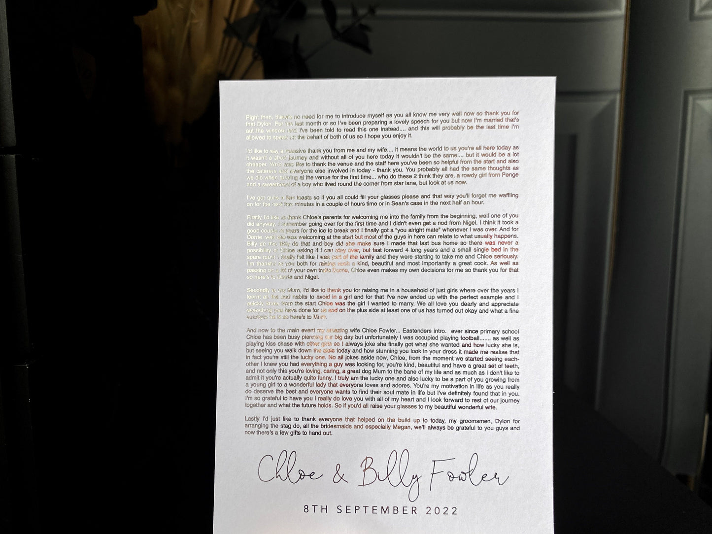 A4 Foil Wedding Speech Print