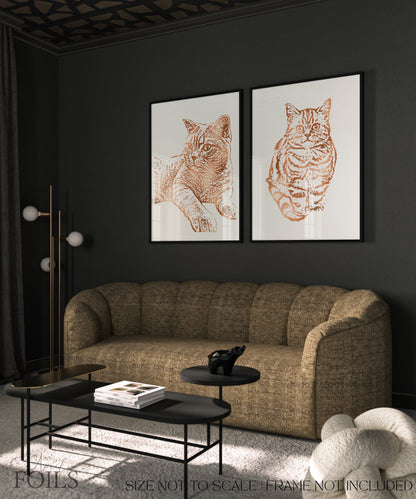 Living room with a brown sofa, black coffee table, and two framed animal prints on a dark wall.